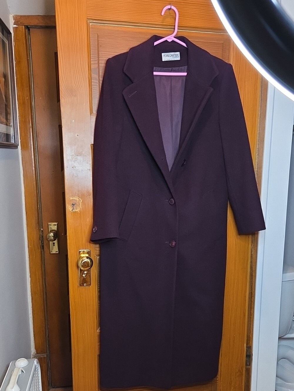 Vintage FORCASTER OF BOSTON Plum Long Single-Breasted Wool Trench Coat